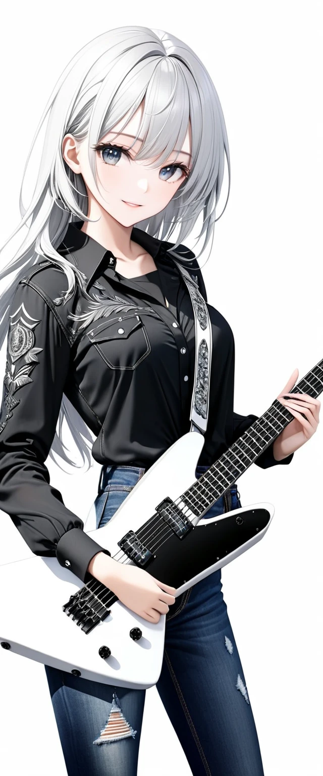 (((White background:1.5)))、(very wide shot)、(masterpiece、Ultra HD、Highest quality、Masterpiece、４K:1.2)、Slender body、Holding a white electric guitar,Scandinavian Metal Girl, A gentle gaze at the camera, Intricate details, Highly detailed eyes, Highly detailed fingers、(Black shirt and jeans) 、Wear black boots、A kind smile、(((Dynamic pose:1.5)))
