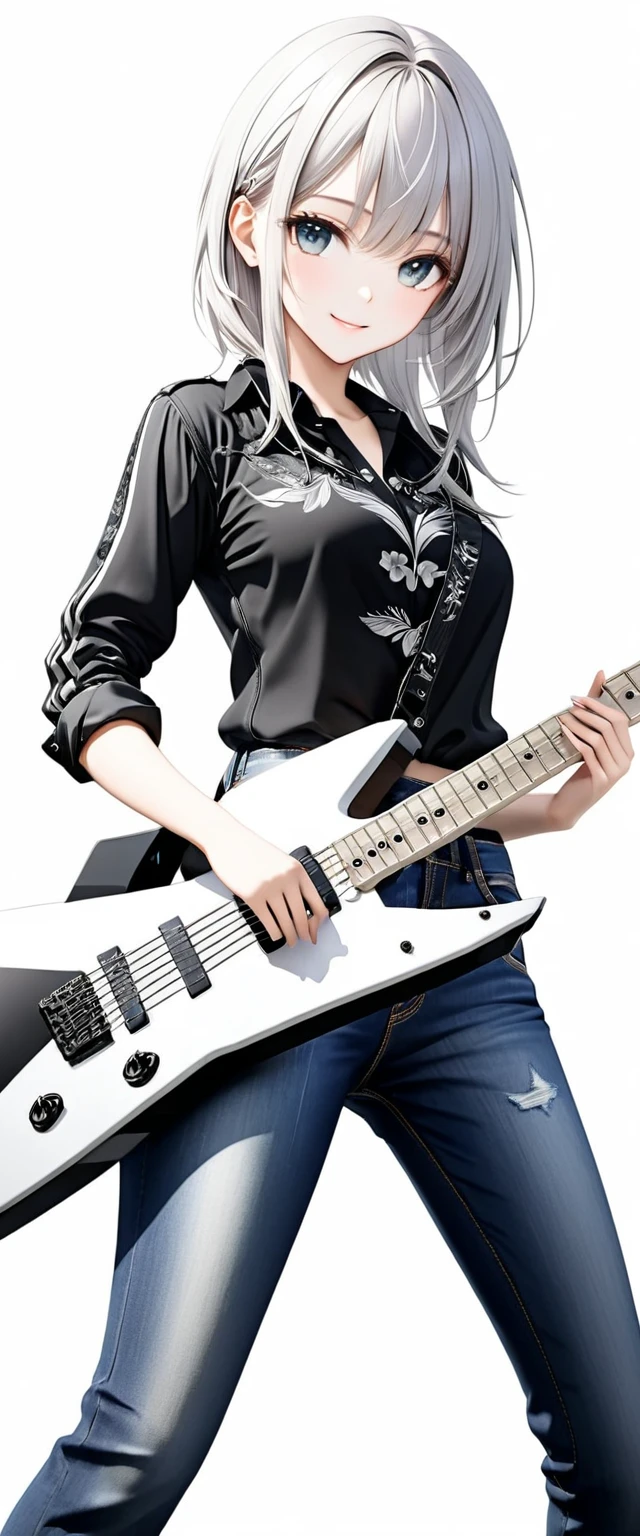 (((White background:1.5)))、(very wide shot)、(masterpiece、Ultra HD、Highest quality、Masterpiece、4K:1.2)、Slender body、Holding a white electric guitar,Scandinavian Metal Girl, A gentle gaze at the camera, Intricate details, Highly detailed eyes, Highly detailed fingers、(Black shirt and jeans) 、Wear black boots、A kind smile、(((Dynamic pose:1.5)))