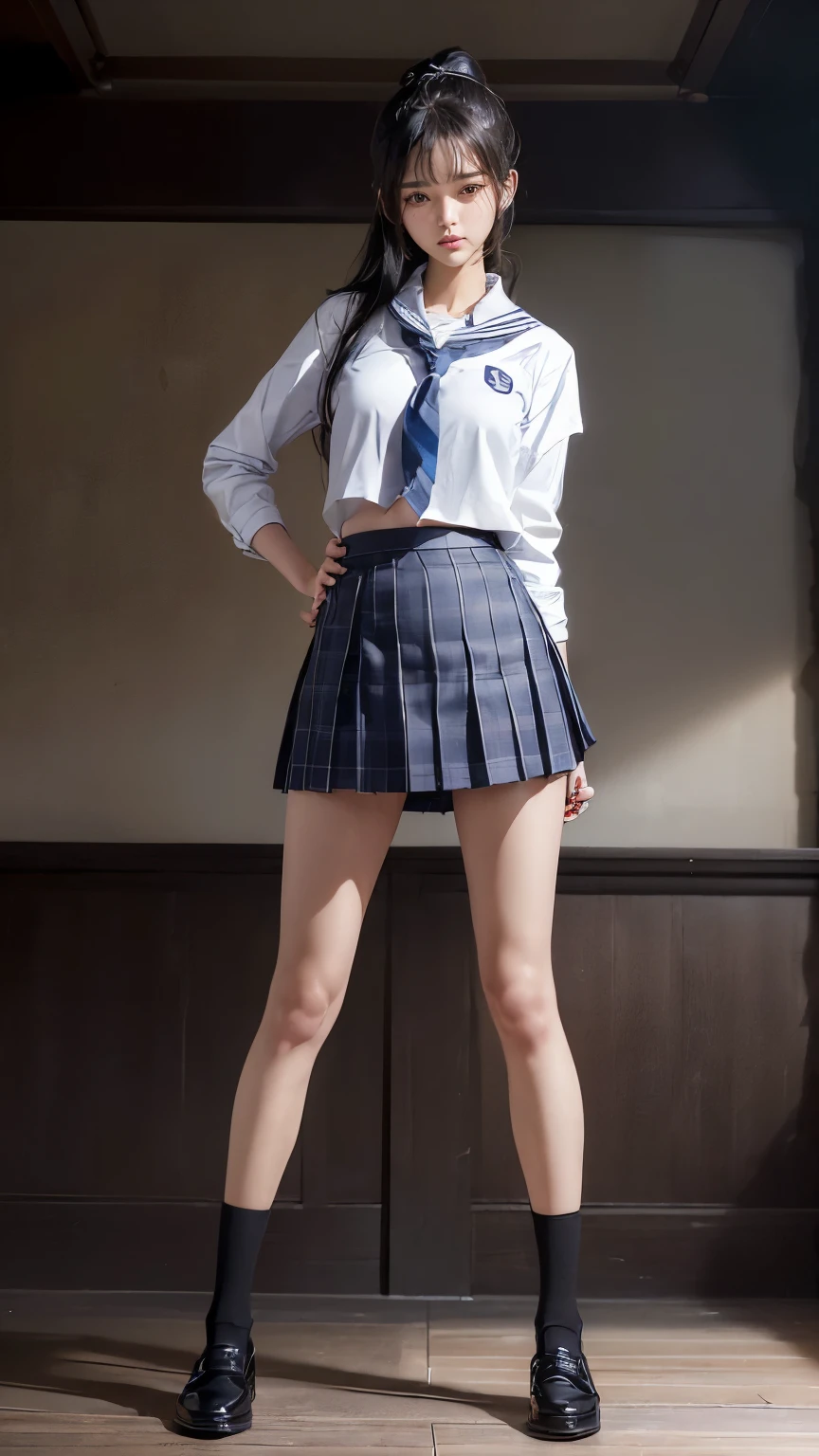 ((masterpiece)),(((最high quality))),(((((Full body shot of a girl taken from the floor:1.7))))),((Photograph the whole body from knee height:1.6)),((((((Please stand up straight with your legs together:1.9)))))),((Thin thighs)),((Long legs)),(((Girl standing in a school classroom:1.7))),(((Micro Mini Skirt Uniform:1.6))),((expensive:1.8)),((Japan  in summer uniform:1.8)),((Wearing a red tie:1.4)),Wearing a white shirt with short sleeves,Her erect nipples are clearly visible under her clothes.,(Blue checked micro mini skirt:1.2),(:1.3),bangs,A small smile,((cute女の子)),Slender girl,Black Loafers,short white socks up to the ankles,,cute,The thighs below the groin are slim and firm,cute,Black hair ponytail,Thin legs,スリムなModel body type,Very small waist,Small hips,Long thighs,Thin thighs,Thin hands,Long hands,((((Full body from belowを撮影する:1.5)))),(((((k-popのIVEのWONYOUNGにそっくりの女の子:1.9))))),((Turn your whole body straight ahead:1.8)),((expensive:1.4)),(Stand with your legs straight without bending your knees:1.7),((Please stand up straight:1.7)),((turn your hips forward:1.7)),The ankles are super thin,beauty,Fine skin,Firm Skin,引き締まったThin legsの肌を細部までリアルに再現,Very detailed, Attention to detail,high quality,Awards,High resolution,(Anatomically correct:1.3),(8k,RAW Photos,最high quality,masterpiece:1.5),(((Photographing a girl&#39;Full body from below))),(((She is taking a picture with three other girls from her class.:1.5))),3人ともスリムでcute,Height 173cm,((Please stand up straight with your legs together:1.7)),((Please stand up straight without bending your knees:1.7)),((Please stand up straight with your feet shoulder-width apart:1.5)),((Please stand up straight in a relaxed position:1.7)),(((Keep your back straight:1.8))),((Look forward:1.2)),8頭身beauty,Model body type,((Inseam is half the height:1.3)),Thin thighs,((k-popのIVEのWONYOUNGにそっくりの女の子:1.5))