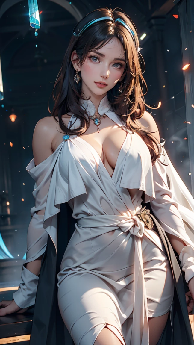 masterpiece, Highest quality, Julia Fe, One girl, alone, Long Hair, View your viewers, blush, smile, Negative Space, (Bioluminescence:1.2), darkness, Dark Background, Long sleeve, dress, Exposing shoulders, Medium chest, very Long Hair, Wide sleeves, Cape, white dress, Circlet、24-year-old female、Sexy proportions、Sexy breasts、Narrow waist、Long eyelashes