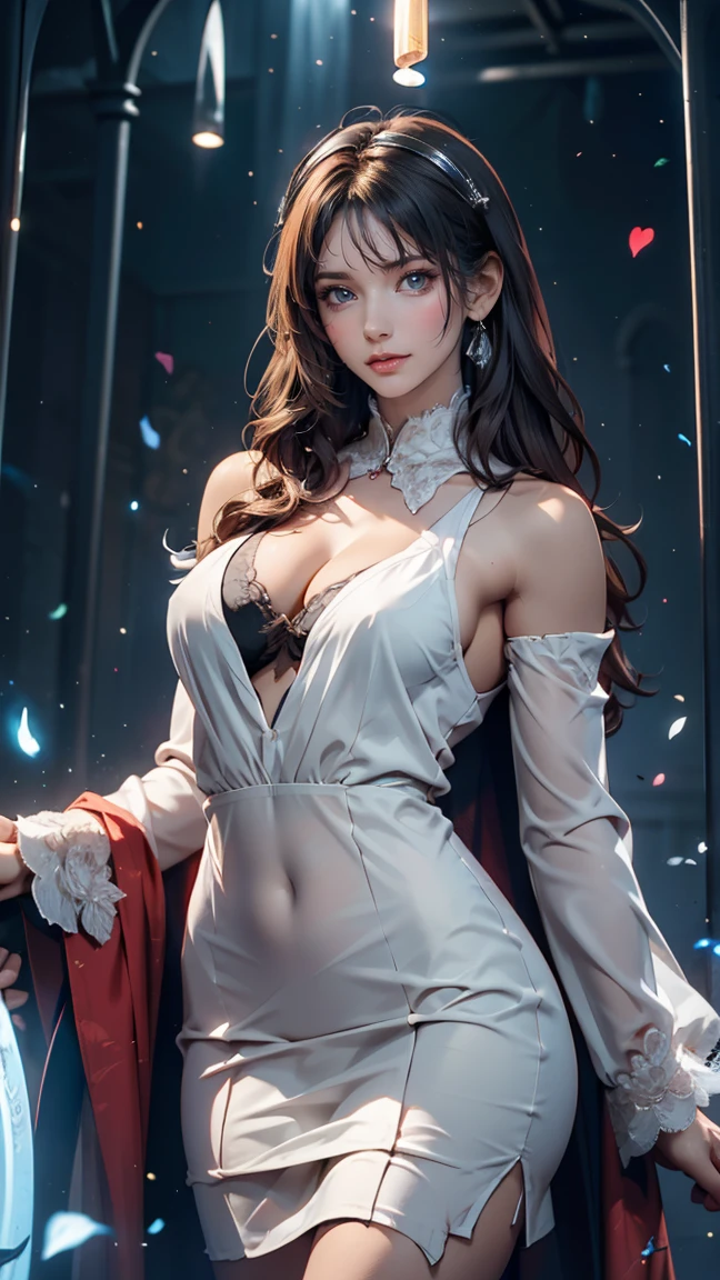 masterpiece, Highest quality, Julia Fe, One girl, alone, Long Hair, View your viewers, blush, smile, Negative Space, (Bioluminescence:1.2), darkness, Dark Background, Long sleeve, dress, Exposing shoulders, Medium chest, very Long Hair, Wide sleeves, Cape, white dress, Circlet、24-year-old female、Sexy proportions、Sexy breasts、Narrow waist、Long eyelashes