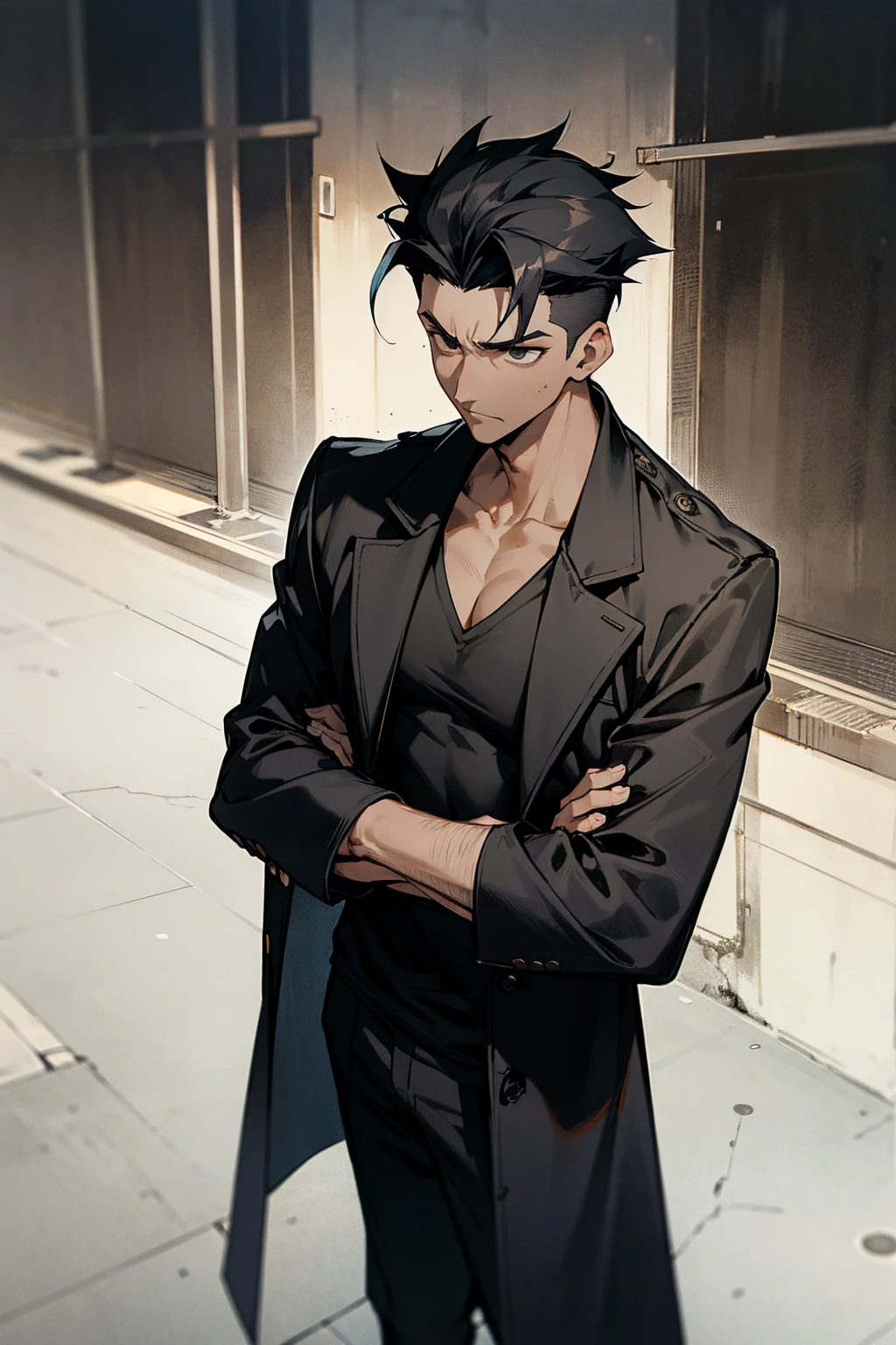 1male , Undercut Hair , Messy Hair , Goatee , Black Hair , Black Eyes , Dark Skin , Adult Male , Serious Expression , Standing on sidewalk , Black Compression T-Shirt , Black Trenchcoat