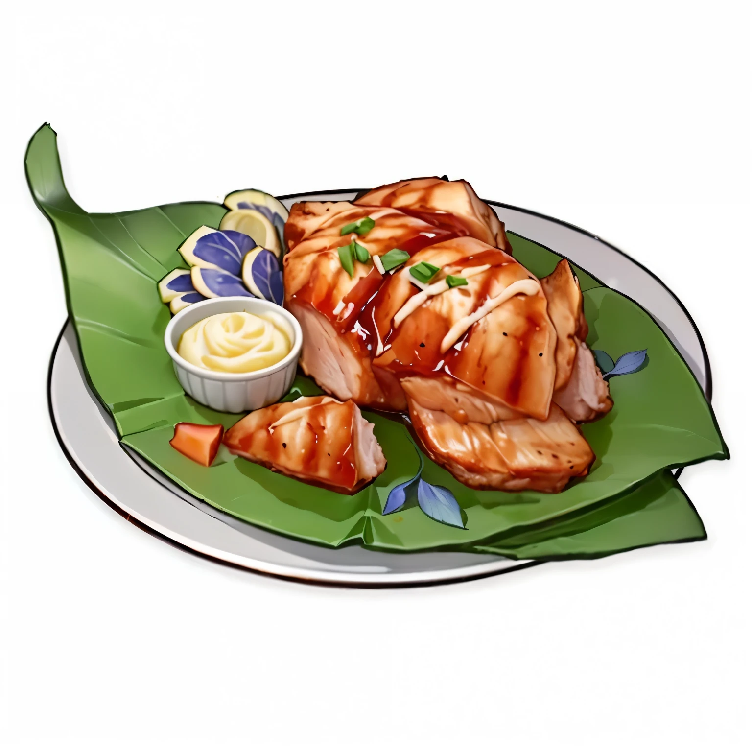 Close-up of a plate of food,上面有一只火chicken, cooked, serve on a plate, grilled chicken, full plate, chicken, chicken feathers, cooking, feast, ( Surreal, anthropomorphized chicken, Full of things, Fleshy, Surreal的食物图片, Juicy meat, Offer a plate of food, cooked to perfection