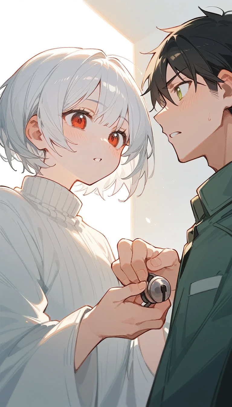 There is a girl with white hair and red eyes and a boy with white hair and yellow-green eyes.、Both of them have short bob hair.、Composition showing the whole body、A view from a little below、The man is standing、Photographing the male genitalia、Chastity devices for male genitalia、The girl is happily touching the man's chastity device、The boys are standing and the girls are squatting.、The boys are naked but wearing collars.、For boys, a straight jacket、Being restrained、The boy is blushing, sweating, and his nipples are erect.、tears、Drooling、Eyes are hearts、Trembling、Embarrassed face、Bondage、Pre-cum is overflowing from the tip of the male organ、Have patience、I feel、White Breath、Ecstatic expression、I'm nervous、