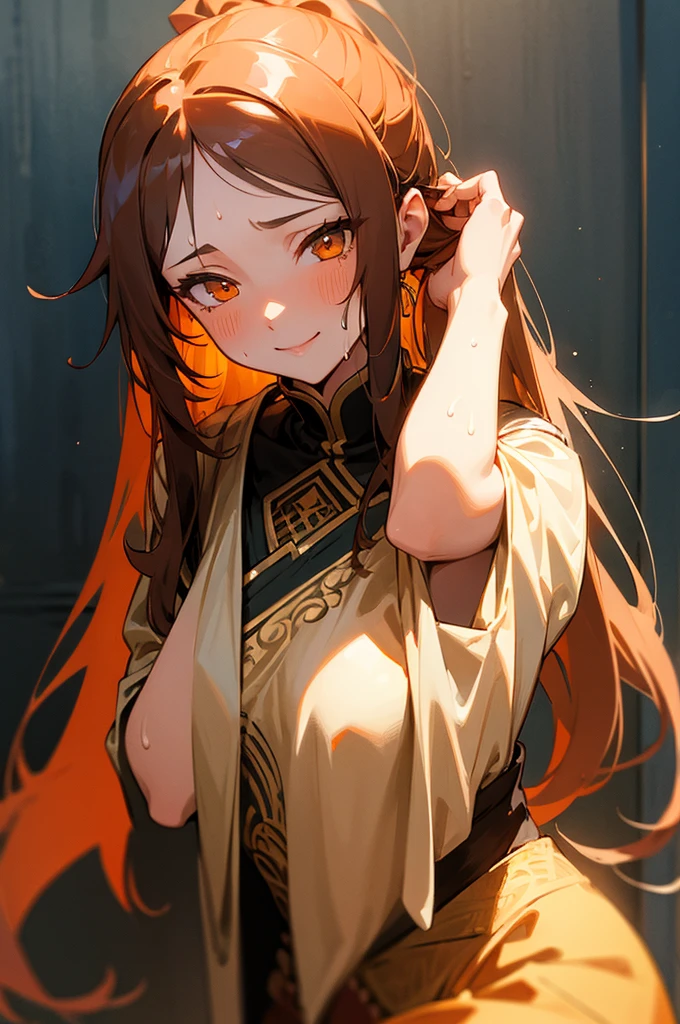 (masterpiece, best quality), intricate details, 1girl, nemona , long hair, orange eyes, ponytail adjusting hair, smiling, sweating,

