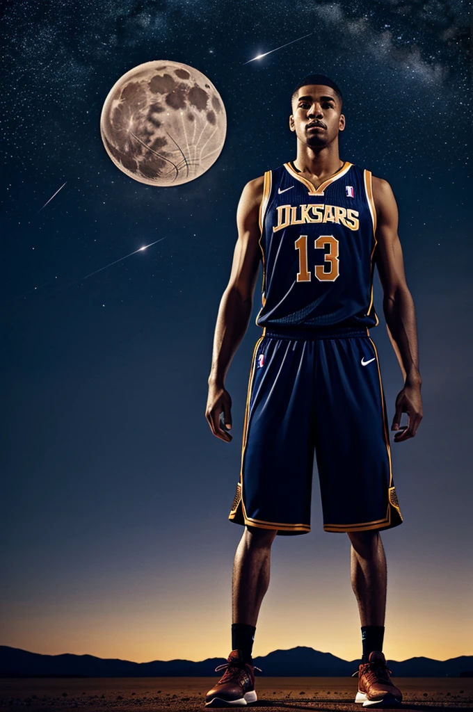 Draw a mature basketball player，Standing on the steppe at night，He wears a basketball uniform and basketball shoes，The man looks confident and determined，looking-down，Crew cut，full bodyesbian，Stars dot the sky，shooting from below，Big moon highlights background