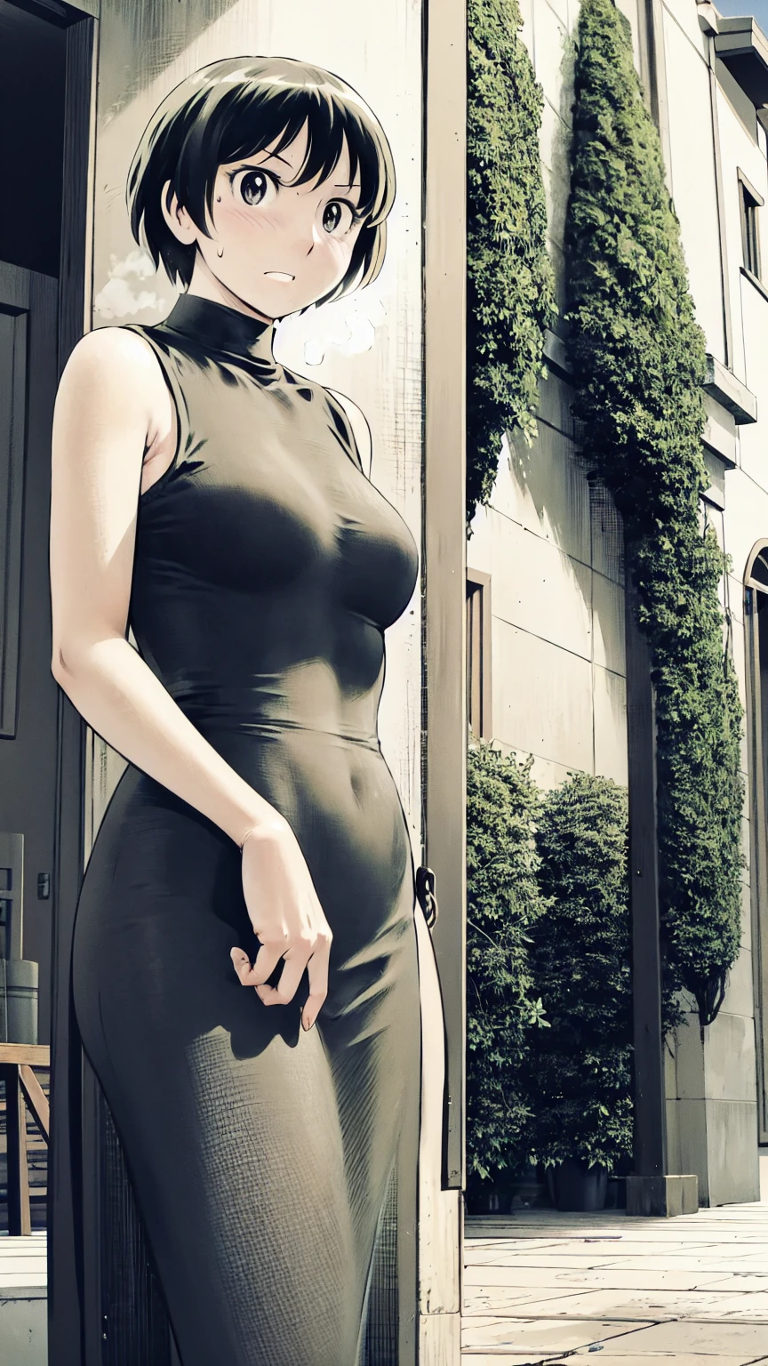 、(masterpiece、Highest quality)、Highest quality, Ultra-high resolution, (((masterpiece))), alone, Sweat、Big eyes,office、tight white dress shirt、Tight black suit、Tight black pants、indoor、Composition from the front、(後ろCut your hair short、short hair、blonde、woman)、Shortcuts、Embarrassed face、Cut your hair short、可愛いwomanの子、Big Breasts