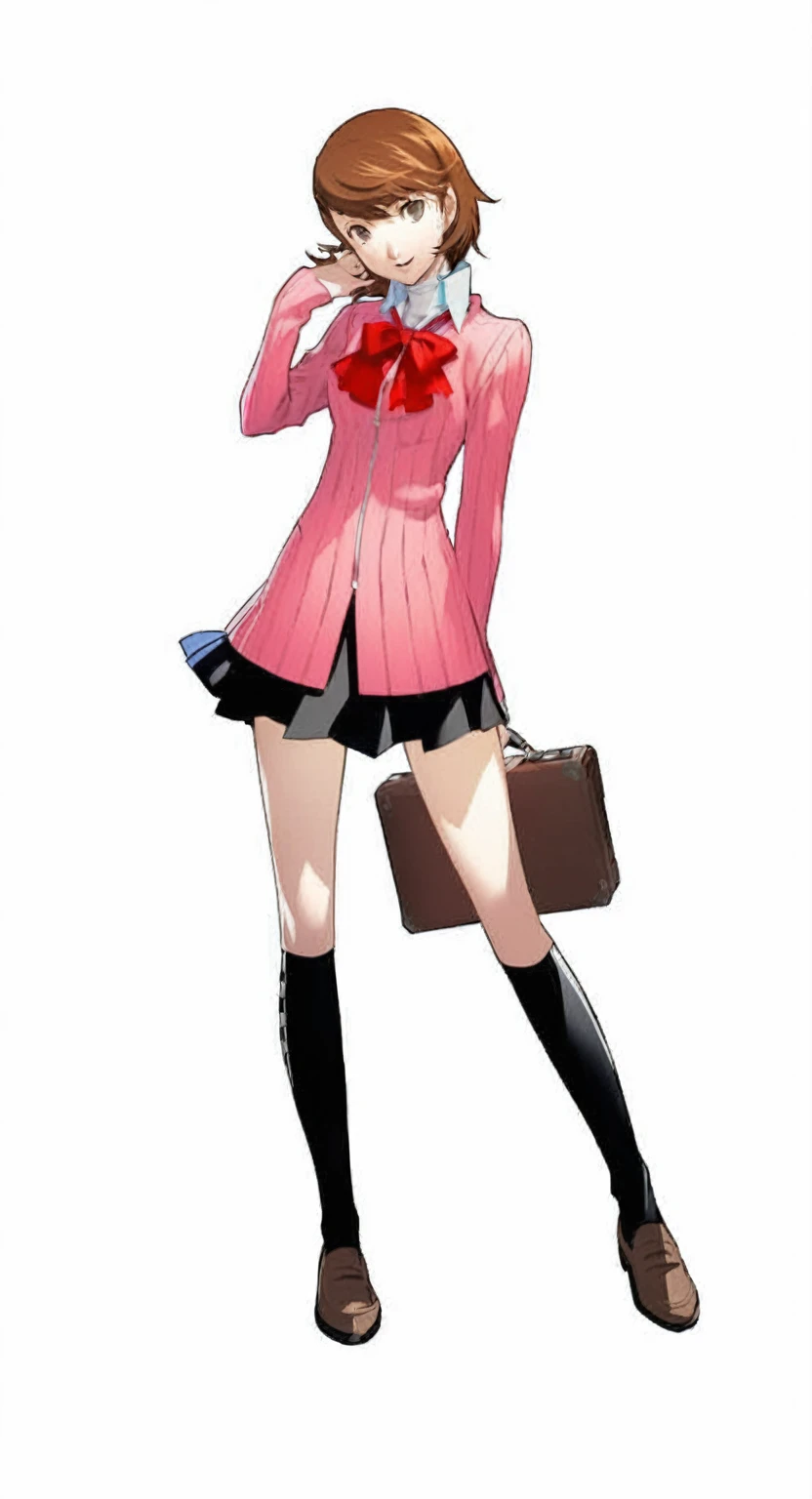 a woman in a pink jacket and black skirt holding a gun ,yukari takeba from persona 3, beautiful anime high school gir anime full body illustration,