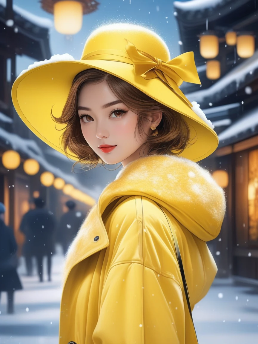 Japanese cartoons, whole body, (masterpiece,best quality:1.5), (Anna Dittmann's style,Neil Blevins' style ,Edwin Austin Abbey's Style ,Mickalene Thomas's style ), rest
( short hair , Golden brown hair:1.1),portrait, rest
(Miss:1.2), Fluorescent yellow sun hat, snow, Brown eyes, 😞,, Surreal,32K,RAW photos,(High Detail Skin:1.2), 8K Ultra HD, Digital SLR Camera, Soft lighting, high quality, Film Grain, Nikon Z5 Mirrorless Camera , moonlight,800mm lens,Thigh focus