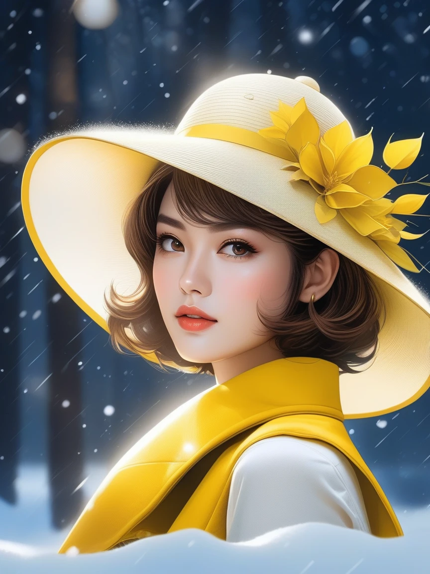 Japanese cartoons, whole body, (masterpiece,best quality:1.5), (Anna Dittmann's style,Neil Blevins' style ,Edwin Austin Abbey's Style ,Mickalene Thomas's style ), rest
( short hair , Golden brown hair:1.1),portrait, rest
(Miss:1.2), Fluorescent yellow sun hat, snow, Brown eyes, 😞,, Surreal,32K,RAW photos,(High Detail Skin:1.2), 8K Ultra HD, Digital SLR Camera, Soft lighting, high quality, Film Grain, Nikon Z5 Mirrorless Camera , moonlight,800mm lens,Thigh focus