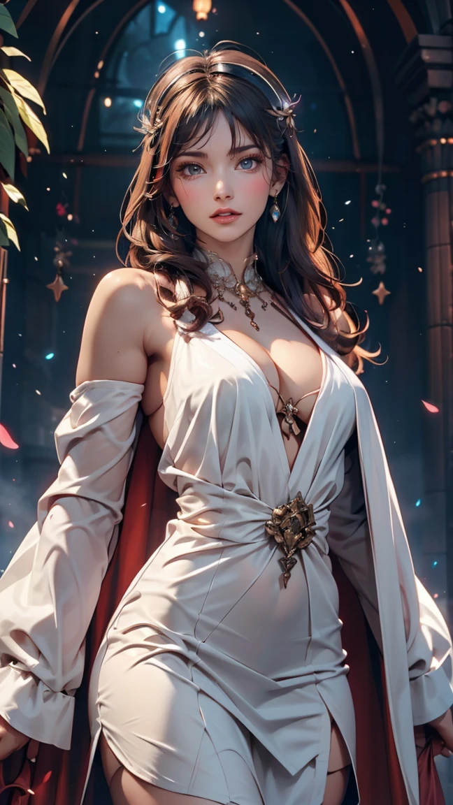 masterpiece, Highest quality, Julia Fe, One girl, alone, Long Hair, View your viewers, blush, smile, Negative Space, (Bioluminescence:1.2), darkness, Dark Background, Long sleeve, dress, Exposing shoulders, Medium chest, very Long Hair, Wide sleeves, Cape, white dress, Circlet、24-year-old female、Sexy proportions、Sexy breasts、Narrow waist、Long eyelashes