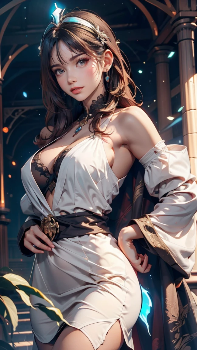 masterpiece, Highest quality, Julia Fe, One girl, alone, Long Hair, View your viewers, blush, smile, Negative Space, (Bioluminescence:1.2), darkness, Dark Background, Long sleeve, dress, Exposing shoulders, Medium chest, very Long Hair, Wide sleeves, Cape, white dress, Circlet、24-year-old female、Sexy proportions、Sexy breasts、Narrow waist、Long eyelashes