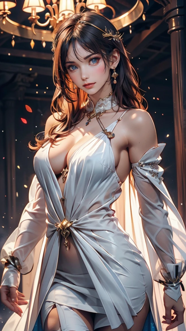 masterpiece, Highest quality, Julia Fe, One girl, alone, Long Hair, View your viewers, blush, smile, Negative Space, (Bioluminescence:1.2), darkness, Dark Background, Long sleeve, dress, Exposing shoulders, Medium chest, very Long Hair, Wide sleeves, Cape, white dress, Circlet、24-year-old female、Sexy proportions、Sexy breasts、Narrow waist、Long eyelashes