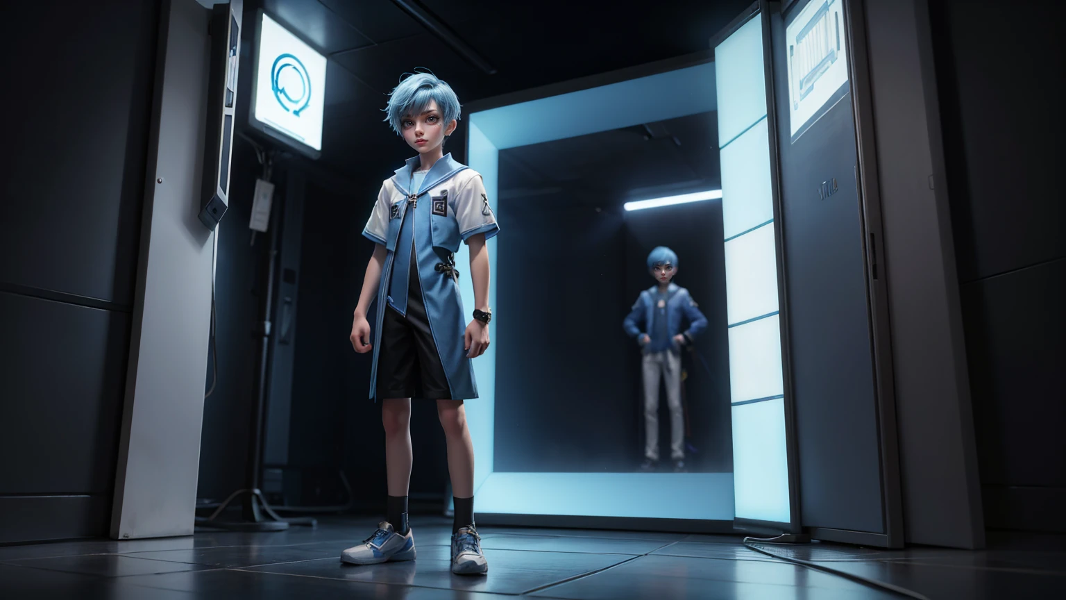 gaming boy , in a pent shirt, ,blue hairs blue dress, , gaming full straight standing pose, student, , Full body, boy, man , games boy, Simple white background,, HD, full body, standing, modern futuristic dress, front view