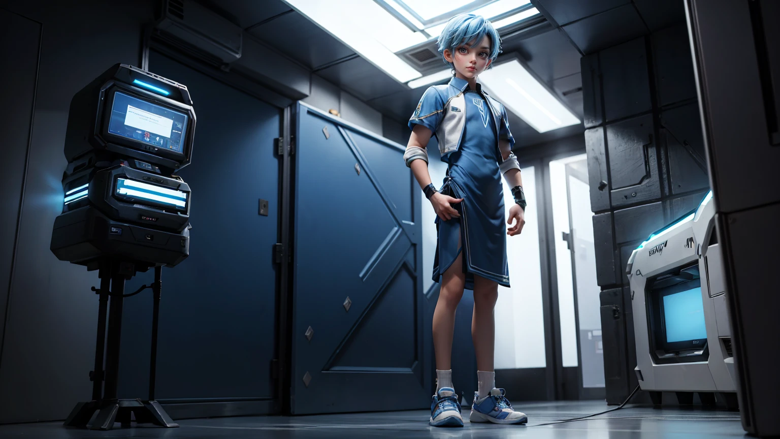 gaming boy , in a pent shirt, ,blue hairs blue dress, , gaming full straight standing pose, student, , Full body, boy, man , games boy, Simple white background,, HD, full body, standing, modern futuristic dress, front view