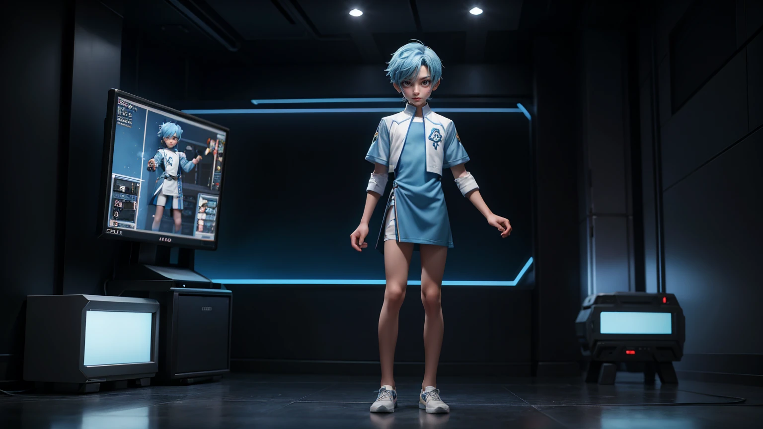gaming boy , in a pent shirt, ,blue hairs blue dress, , gaming full straight standing pose, student, , Full body, boy, man , games boy, Simple white background,, HD, full body, standing, modern futuristic dress, front view