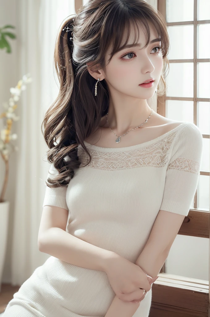 White knit short sleeve sweater、(((Very elegant and beautiful、Perfect detail、Very detailed)))、whole body、The most detailed girl、Written boundary depth、Beautifully detailed whole body、Thin legs、One girl、30 years old、Very short hair、Spiked Hair、Gray and silver hair、Beautifully detailed hair、Perfect Face、Expressionless、Beautifully detailed deep eyes、Open your mouth a little、Delicate arms and hands、Pale skin、Earrings、Beautiful and gorgeous necklace、Colorful background、HD background、Blurred Background、Very delicate and beautiful、masterpiece、(((Highest quality、Very beautiful 8K CG wallpaper)))、(((Trendy hairstyles)))、(Inside the room、Stylish interior、window)、