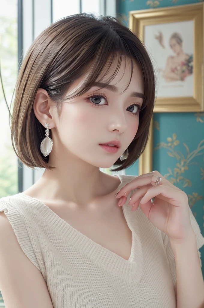 White knit short sleeve sweater、(((Very elegant and beautiful、Perfect detail、Very detailed)))、whole body、The most detailed girl、Written boundary depth、Beautifully detailed whole body、Thin legs、One girl、30 years old、Very short hair、Spiked Hair、Gray and silver hair、Beautifully detailed hair、Perfect Face、Expressionless、Beautifully detailed deep eyes、Open your mouth a little、Delicate arms and hands、Pale skin、Earrings、Beautiful and gorgeous necklace、Colorful background、HD background、Blurred Background、Very delicate and beautiful、masterpiece、(((Highest quality、Very beautiful 8K CG wallpaper)))、(((Trendy hairstyles)))、(Inside the room、Stylish interior、window)、