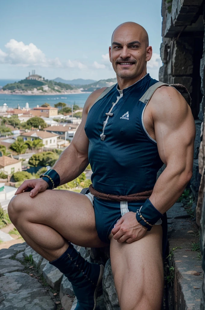 napa, bald, black eyes, mustache, muscular, dark blue saiyan armor, dark blue vambraces, dark blue boots, faulds, black briefs, tail around waist, looking at viewer, evil grin, serious, sitting, on a large rock, on a mountain, distant city, ocean, extreme detail, masterpiece,