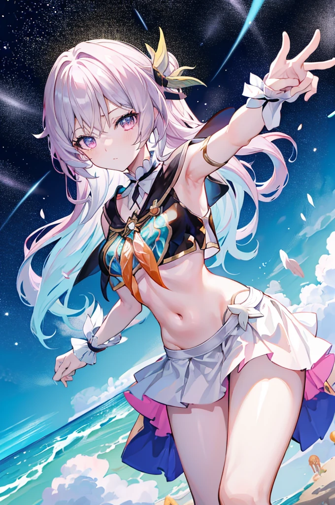 (masterpiece), best quality, long hair, straight hair, anime girl, young, skinny, sexy, beach , ( pink miniskirt), medium thighs, medium , navel, g cup chest, (beautiful face) , seductive , white gloves, upper thighs, bare shoulders , good angle , light blue hair , firefly (honkai star rail), leaning, ponytail, armpits, lying 