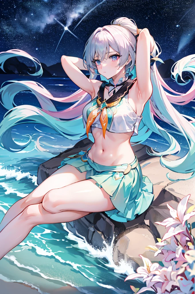 Best Quality, top-quality、(cute petit girl:1.3),Beautiful pink eyes、flat chest、、(Cuteness beyond limits)、Shining thighs、((Cute smile))、tiedh a collar、White swimsuit、Show your belly button、high swimsuit
