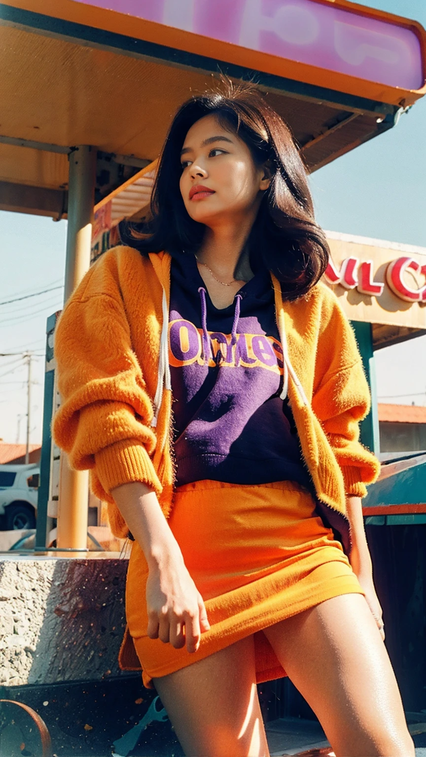 (medium cinematic shot portrait), of cute 23 yo girl (perfect plump body) ,wear ((orange color oversized_hoodie)), wear ((purple tennis skirt)),looking front,Best Quality,Masterpiece,Ultra High Resolution,(Realisticity:1.4),Original Photo, 1Girl, light leak,ultra high resolution,UHD,beautiful, (black bob hair), almond eye, no makeup, looking at camera,in front of ((80's colorful gas station)), (realistic:1.2), (surreal:1.3), (very detailed:1.1), ((masterpiece)),summer, blue sky, palm trees,sunny, los angles vibes,film camera, 800mm lens,style of Philip Lorca diCorcia