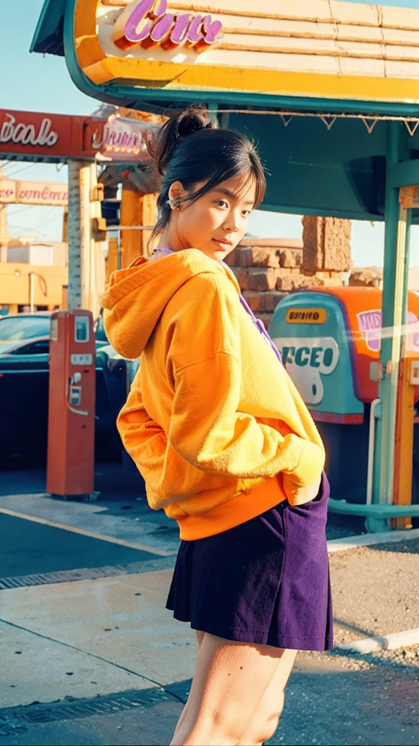 (medium cinematic shot portrait), of cute 23 yo girl (perfect plump body) ,wear ((orange color oversized_hoodie)), wear ((purple tennis skirt)),looking front,Best Quality,Masterpiece,Ultra High Resolution,(Realisticity:1.4),Original Photo, 1Girl, light leak,ultra high resolution,UHD,beautiful, (black bob hair), almond eye, no makeup, looking at camera,in front of ((80's colorful gas station)), (realistic:1.2), (surreal:1.3), (very detailed:1.1), ((masterpiece)),summer, blue sky, palm trees,sunny, los angles vibes,film camera, 800mm lens,style of Philip Lorca diCorcia