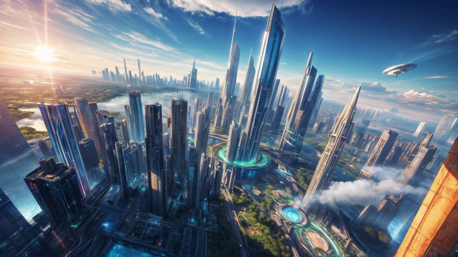 (Best quality,4K,8K,A high resolution,Masterpiece:1.2),Ultra-detailed,(Realistic,Photorealistic,photo-realistic:1.37),Futuristic floating city,Futuristic technology,Huge urban high-tech tablet platform,Airship,Floating in the sky,Futuristic city,Small airships around,High-tech hemispherical platform,Colorful lights,Advanced architecture,modernn architecture,skyscrapper,Access the cloud,Scenic beauty,view over city,Impressive design,Blend seamlessly with nature,energetic and vibrant atmosphere,Futuristic transportation system,Parking is suspended,Transparent path,Lush greenery,Sky gardens,cascading waterfalls,Magnificent skyline,reflections on the water,Sparkling river,Architectural innovation,futuristic skyscrapers,Transparent dome,The shape of the building is unusual,Elevated walkway,Impressive skyline,Glowing lights,Futuristic technology,Minimalist design,Scenic spots,Panoramic view,Cloud Piercing Tower,Vibrant colors,epic sunrise,epic sunset,Dazzling light display,magical ambiance,The future city,Urban Utopia,LuxuryLifestyle,Innovative energy,sustainable development,Smart city technology,Advanced infrastructure,Tranquil atmosphere,Nature and technology live in harmony,Awesome cityscape,Unprecedented urban planning,Architecture connects seamlessly with nature,High-tech metropolis,A cutting-edge engineering marvel,The future of urban living,Visionary architectural concept,Energy-efficient buildings,Harmony with the environment,A city floating above the clouds,Utopian dreams become reality,The possibilities are endless,State-of-the-art transportation network,Green energy integration,Innovative materials,Impressive holographic display,Advanced communication system,Breathtaking aerial view,Quiet and peaceful environment,Modernist aesthetics,Ethereal beauty