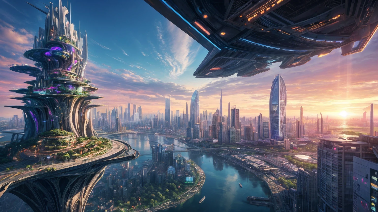 (Best quality,4K,8K,A high resolution,Masterpiece:1.2),Ultra-detailed,(Realistic,Photorealistic,photo-realistic:1.37),Futuristic floating city,Futuristic technology,Huge urban high-tech tablet platform,Airship,Floating in the sky,Futuristic city,Small airships around,High-tech hemispherical platform,Colorful lights,Advanced architecture,modernn architecture,skyscrapper,Access the cloud,Scenic beauty,view over city,Impressive design,Blend seamlessly with nature,energetic and vibrant atmosphere,Futuristic transportation system,Parking is suspended,Transparent path,Lush greenery,Sky gardens,cascading waterfalls,Magnificent skyline,reflections on the water,Sparkling river,Architectural innovation,futuristic skyscrapers,Transparent dome,The shape of the building is unusual,Elevated walkway,Impressive skyline,Glowing lights,Futuristic technology,Minimalist design,Scenic spots,Panoramic view,Cloud Piercing Tower,Vibrant colors,epic sunrise,epic sunset,Dazzling light display,magical ambiance,The future city,Urban Utopia,LuxuryLifestyle,Innovative energy,sustainable development,Smart city technology,Advanced infrastructure,Tranquil atmosphere,Nature and technology live in harmony,Awesome cityscape,Unprecedented urban planning,Architecture connects seamlessly with nature,High-tech metropolis,A cutting-edge engineering marvel,The future of urban living,Visionary architectural concept,Energy-efficient buildings,Harmony with the environment,A city floating above the clouds,Utopian dreams become reality,The possibilities are endless,State-of-the-art transportation network,Green energy integration,Innovative materials,Impressive holographic display,Advanced communication system,Breathtaking aerial view,Quiet and peaceful environment,Modernist aesthetics,Ethereal beauty