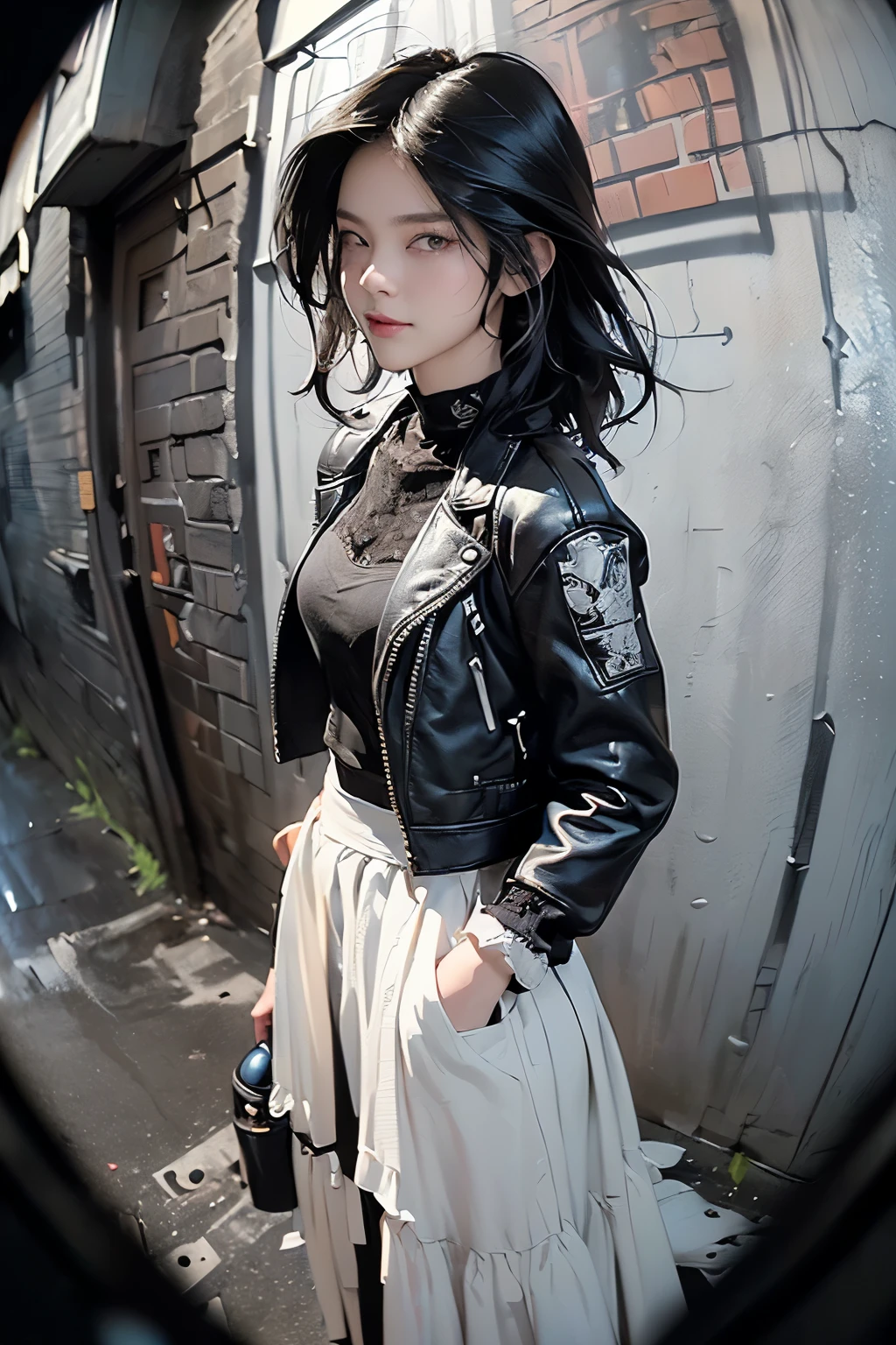 ((Highly detailed CG Unit 8k wallpaper, masterpiece, high resolution, best quality, best qualityのリアルテクスチャスキン)), ((Hands in pockets pose:1.5, Fashion Model Poses:1.2, Cool New York fashion girl influenced by nostalgia and inorganic fashion., Detailed clothing:1.2, Black Intricate Lace Layered Maxi Skirt and Biker Jacket Combo:1.3, Monotonous stylish, Medium Length Hair, Komatsu)), (((Blurred background, Empty back alley,The walls are covered with black and white graffiti:1.2, Rain-soaked road))), ((Angle from Above:1.3, Fisheye shooting:1.5)), Surrealism, number, Concept Art,