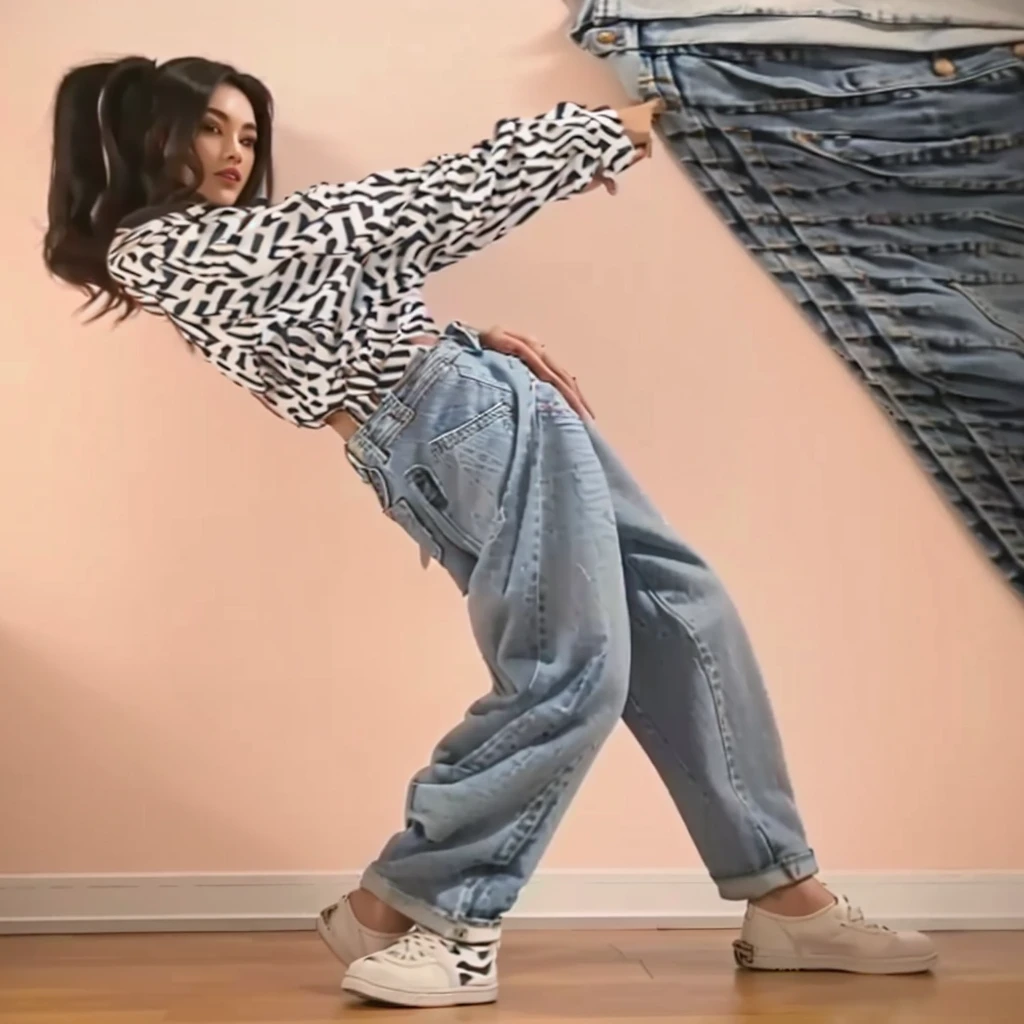 Woman holding a stack of clothes in front of the wall, baggy jeans, picture, jeans, denim, wearing Pants, patterned clothes, Pants, Breeches, jean Pants, jeans Pants, Pointed pose, Waist Shot, Models posing, Waist-high, graphic printing, baggy Pants, Photography, Striking pose, denim jeans, wearing jeans