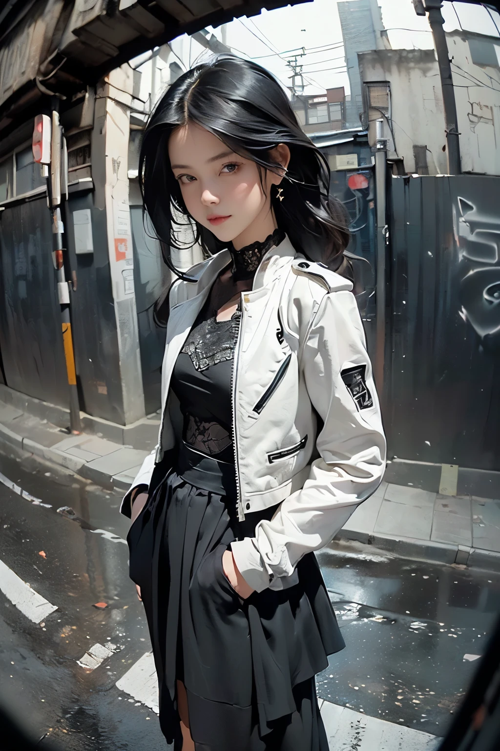 ((Highly detailed CG Unit 8k wallpaper, masterpiece, high resolution, best quality, best qualityのリアルテクスチャスキン)), ((Hands in pockets pose:1.5, Fashion Model Poses:1.2, Cool New York fashion girl influenced by nostalgia and inorganic fashion., Detailed clothing:1.2, Black Intricate Lace Layered Maxi Skirt and Biker Jacket Combo:1.3, Monotonous stylish, Medium Length Hair, Komatsu)), (((Blurred background, Empty back alley,The walls are covered with black and white graffiti:1.2, Rain-soaked road))), ((Angle from Above:1.3, Fisheye shooting:1.5)), Surrealism, number, Concept Art,