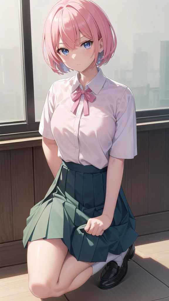 (1 girl),(Best Picture Quality, 8K, Masterpiece:1.3), (high school student:1.5), (pink lob hair:1.1), [mintgreen hair:0.1], (bob cut), (cute skyblue eyes), ((school uniform, white short simple sleeve shirt, darkblue skirt)), (super clear:1.5), (glistening skin:1.1),(pale skin:1.2), (standard weight), (medium breasts)