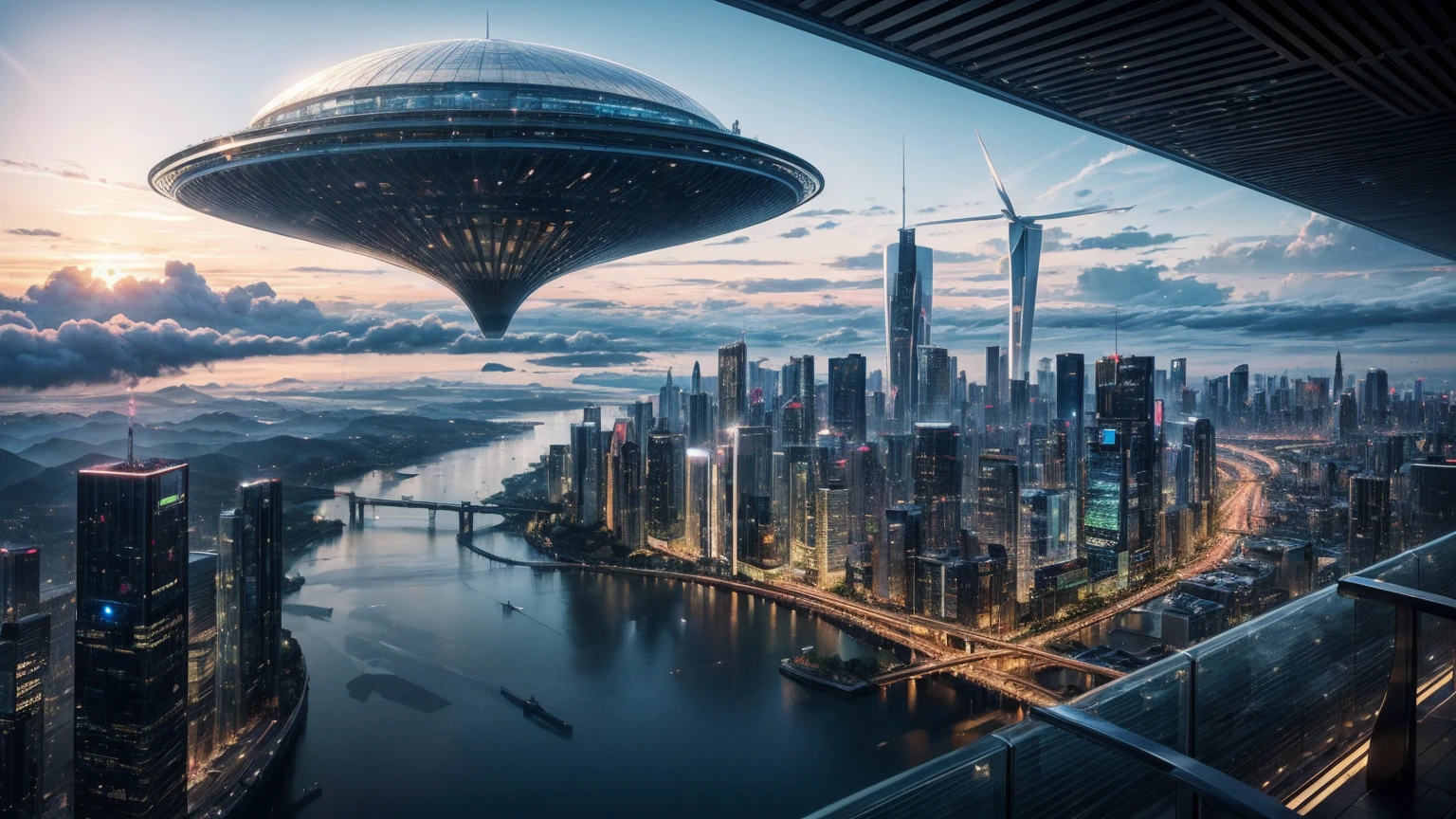 (Best quality,4K,8K,A high resolution,Masterpiece:1.2),Ultra-detailed,(Realistic,Photorealistic,photo-realistic:1.37),Futuristic floating city,Futuristic technology,Huge urban high-tech tablet platform,Airship,Floating in the sky,Futuristic city,Small airships around,High-tech hemispherical platform,Colorful lights,Advanced architecture,modernn architecture,skyscrapper,Access the cloud,Scenic beauty,view over city,Impressive design,Blend seamlessly with nature,energetic and vibrant atmosphere,Futuristic transportation system,Parking is suspended,Transparent path,Lush greenery,Sky gardens,cascading waterfalls,Magnificent skyline,reflections on the water,Sparkling river,Architectural innovation,futuristic skyscrapers,Transparent dome,The shape of the building is unusual,Elevated walkway,Impressive skyline,Glowing lights,Futuristic technology,Minimalist design,Scenic spots,Panoramic view,Cloud Piercing Tower,Vibrant colors,epic sunrise,epic sunset,Dazzling light display,magical ambiance,The future city,Urban Utopia,LuxuryLifestyle,Innovative energy,sustainable development,Smart city technology,Advanced infrastructure,Tranquil atmosphere,Nature and technology live in harmony,Awesome cityscape,Unprecedented urban planning,Architecture connects seamlessly with nature,High-tech metropolis,A cutting-edge engineering marvel,The future of urban living,Visionary architectural concept,Energy-efficient buildings,Harmony with the environment,A city floating above the clouds,Utopian dreams become reality,The possibilities are endless,State-of-the-art transportation network,Green energy integration,Innovative materials,Impressive holographic display,Advanced communication system,Breathtaking aerial view,Quiet and peaceful environment,Modernist aesthetics,Ethereal beauty