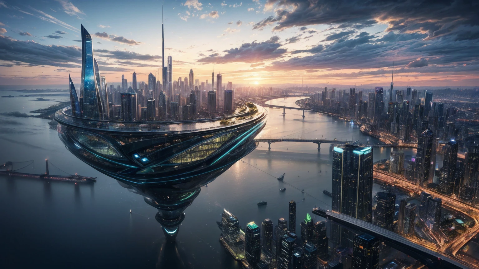(Best quality,4K,8K,A high resolution,Masterpiece:1.2),Ultra-detailed,(Realistic,Photorealistic,photo-realistic:1.37),Futuristic floating city,Futuristic technology,Huge urban high-tech tablet platform,Airship,Floating in the sky,Futuristic city,Small airships around,High-tech hemispherical platform,Colorful lights,Advanced architecture,modernn architecture,skyscrapper,Access the cloud,Scenic beauty,view over city,Impressive design,Blend seamlessly with nature,energetic and vibrant atmosphere,Futuristic transportation system,Parking is suspended,Transparent path,Lush greenery,Sky gardens,cascading waterfalls,Magnificent skyline,reflections on the water,Sparkling river,Architectural innovation,futuristic skyscrapers,Transparent dome,The shape of the building is unusual,Elevated walkway,Impressive skyline,Glowing lights,Futuristic technology,Minimalist design,Scenic spots,Panoramic view,Cloud Piercing Tower,Vibrant colors,epic sunrise,epic sunset,Dazzling light display,magical ambiance,The future city,Urban Utopia,LuxuryLifestyle,Innovative energy,sustainable development,Smart city technology,Advanced infrastructure,Tranquil atmosphere,Nature and technology live in harmony,Awesome cityscape,Unprecedented urban planning,Architecture connects seamlessly with nature,High-tech metropolis,A cutting-edge engineering marvel,The future of urban living,Visionary architectural concept,Energy-efficient buildings,Harmony with the environment,A city floating above the clouds,Utopian dreams become reality,The possibilities are endless,State-of-the-art transportation network,Green energy integration,Innovative materials,Impressive holographic display,Advanced communication system,Breathtaking aerial view,Quiet and peaceful environment,Modernist aesthetics,Ethereal beauty