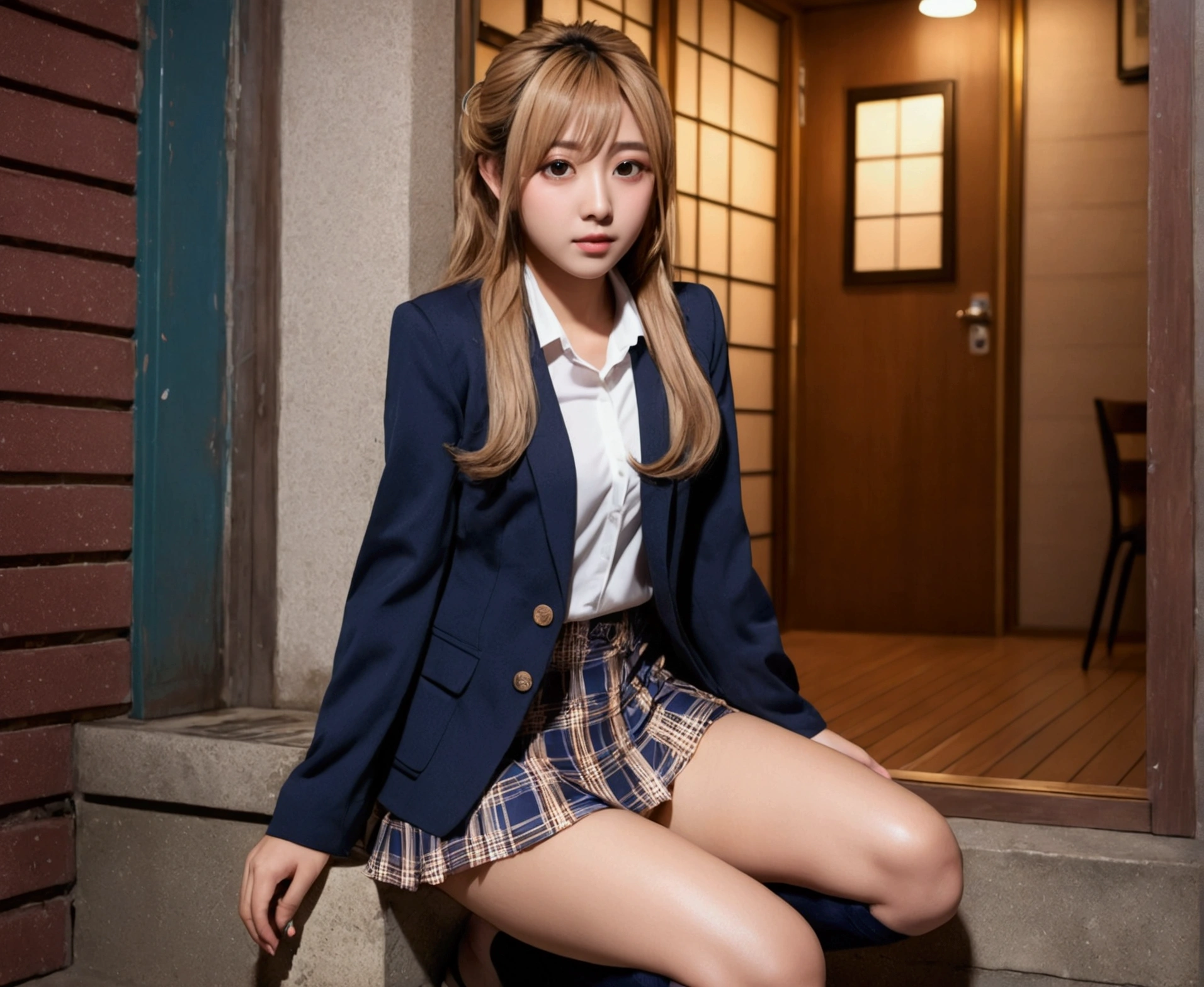 (((night,真night中))),((Perfect Anatomy:1.2,Realistic:1.3,RAW Photos:1.3,masterpiece、Highest quality、Ultra - High resolution、High resolution、Highly detailed CG、8k)),Cowboy Shot,((attractive way to sit)),((((Crouching pose)))),1 female,alone,18-year-old、High school girl beautiful girl,Japanese,((Beautiful and graceful face and eyes:1.2,Big beautiful eyes:1.3,)),blonde,Long Hair,(Center parted hair:1.4,amount),Mid-chest,Slender body,Small Head:1.3,skinny,(Brown Skin:1.4),(Oily skin,Glowing Skin,Glowing Skin,Sweat:1.2),(school uniform、Dark blue blazer jacket、Checkered pleated mini skirt),Dirty back alley、Tokyo、((Turn your body forward))、((((Showing panties)))),(Lonely),((Feeling depressed))、Stick out your crotch、((Feeling depressed))