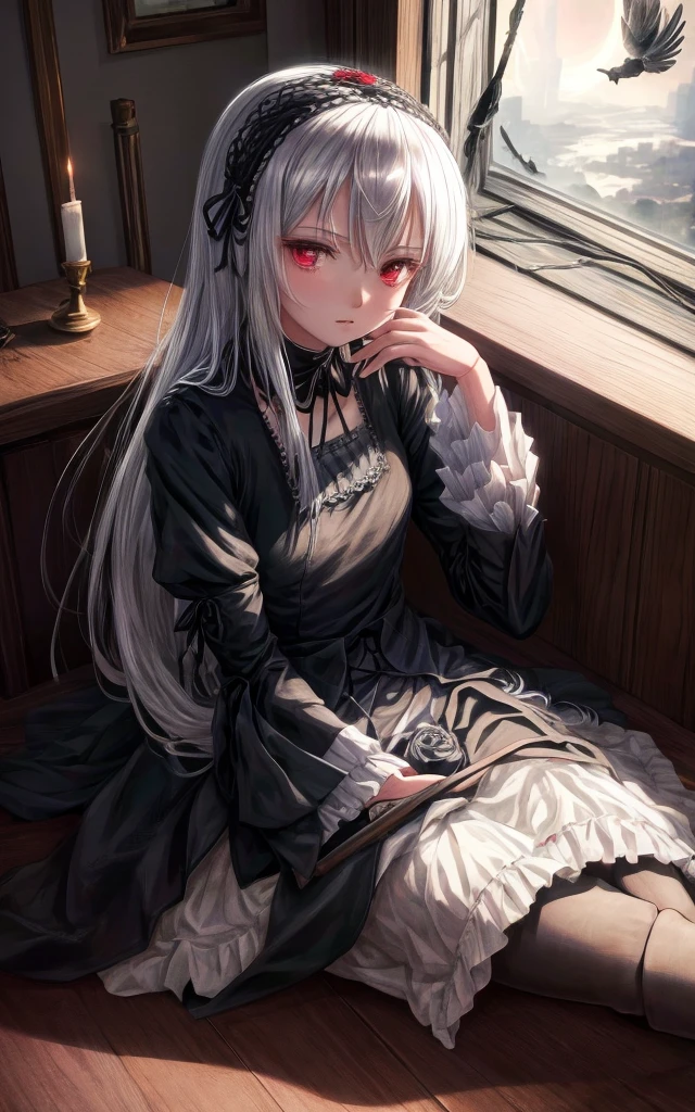 Write a scene featuring Suigintou from *Rose Maiden* sitting by the window. She has silver hair, black feathers, and wears a black dress. Her expression is emotionless, yet her eyes are strikingly beautiful. The room is dark, illuminated by moonlight streaming through the window. The moon is visible outside, casting a gentle glow across the scene.、doll
