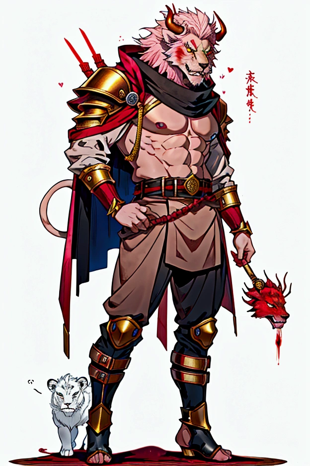 Journey to the West Bull Demon King,Minotaurs,Full body portrait,front Photo,No background,No other animals,Stand in military posture,Wearing a silver-polished iron helmet,Wearing velvet and golden armor,Step-in curled toe pink suede boots,Waist-tied silk three-strand lion belt,Two eyes as bright as a mirror,Two eyebrows are as bright as red neon,Blood-mouthed,Gear Copper Plate