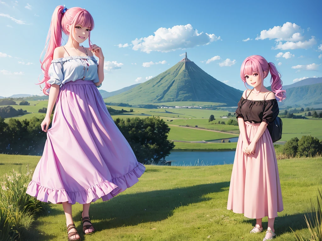 Full Body Shot、Oil、masterpiece、Highest quality、High resolution、Pink Hair、Side ponytail hair、Chiffon skirt、Long skirt、camp、grassland、tent、blue sky、Off-the-shoulder shirt、Checkered clothing、university student、smile