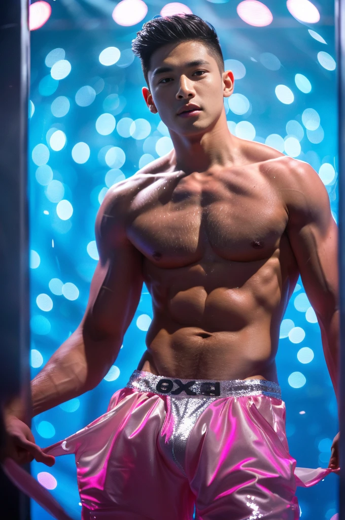 (8k, RAW Photos, Highest quality) masterpiece, 1 teenager, 18-year-old, Asian Muscular Man Watching the Viewer, Stand in front, Exposing his huge muscular chest, Puffy nipples, Sexy Six Pack, Tight waist, good looking, topless, Thick body hair, A man wearing thong underwear ,  Gradient Background, Shine & Sequin Backdrops , Cinema Lighting, Ultra-high resolution , KPOP idol