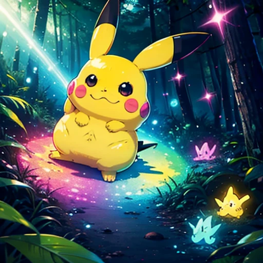 A plump Pikachu living in a psychedelic, dazzling, flashing forest