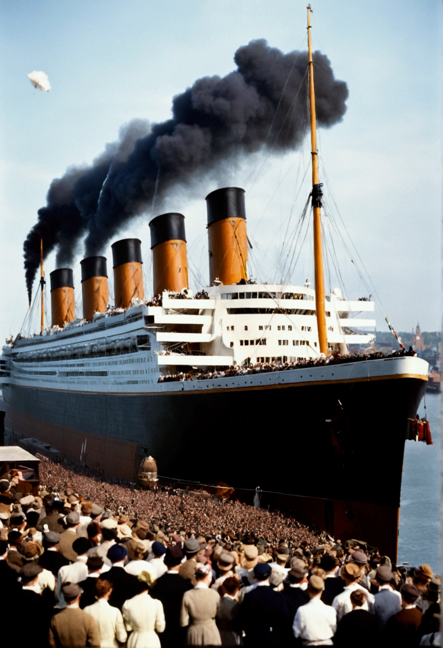 A photograph depicting the anic departing from Southampton port. The massive ship is seen from the side, with smoke rising from its four funnels. Many people are gathered on the dock, waving and seeing off the ship as it sets off on its maiden voyage. The scene includes the bustling activity of the port, with cranes visible in the background. The atmosphere is bright and clear, capturing the excitement and significance of the moment.