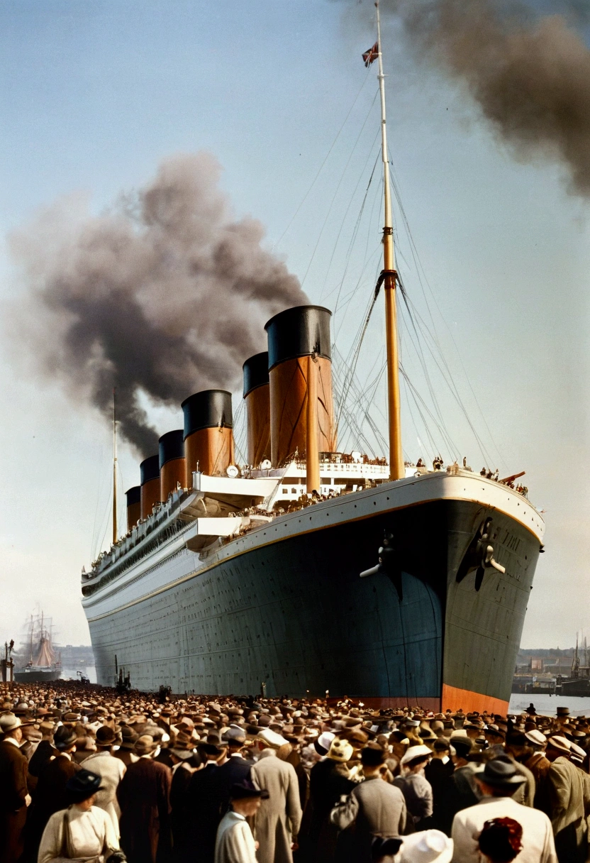 A photograph depicting the Titanic departing from Southampton port. The massive ship is seen from the side, with smoke rising from its four funnels. Many people are gathered on the dock, waving and seeing off the ship as it sets off on its maiden voyage. The scene includes the bustling activity of the port, with cranes visible in the background. The atmosphere is bright and clear, capturing the excitement and significance of the moment.