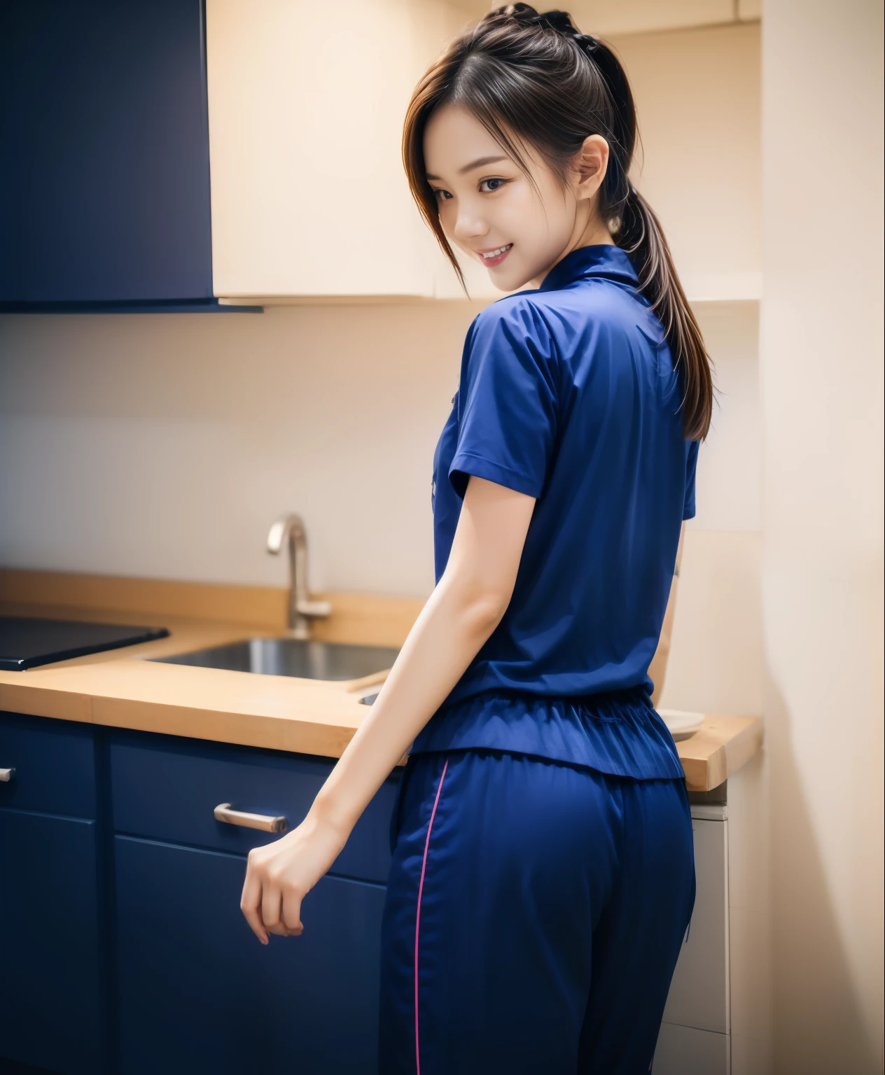 (best quality,10,10,height,Masterpiece:1.2),Special details,(realistic,ภาพrealistic,Realistic photos:1.37),1 Cute girl in the kitchen,shiny, ผิวshiny,only,smile softly,BDclothelue shirt:1.3)),short sleeve,shirt, กางเกงขาlong.,(navy_long_track pants:1.1), ((Kitchen Background)),Dynamic angle,excited,Face focus,dynamic poses,from behind,focus on ass,Masterpiece, best quality, ultra realistic, hyper detail, 8k resolution, raw photos, Sharp focus, ((Navy blue shirt:1.1)), short sleeve, เส้นทางlong, perfect body, 2 mature women, 18 years old, Cinema-grade lighting system,blue sweatpants,shirtผ้าออกกำลังกาย,correct anatomy,perfect body, correct body, Sharp face, correct bodyทางกายวิภาค, full body, realistic gestures, long-haired, realistic poses,Wear long shorts...........................,ช่วงขาlong,Good shape,carved girl, Slender figure, model, Good shape, beautiful body,blue sweatpants, two girls kissing