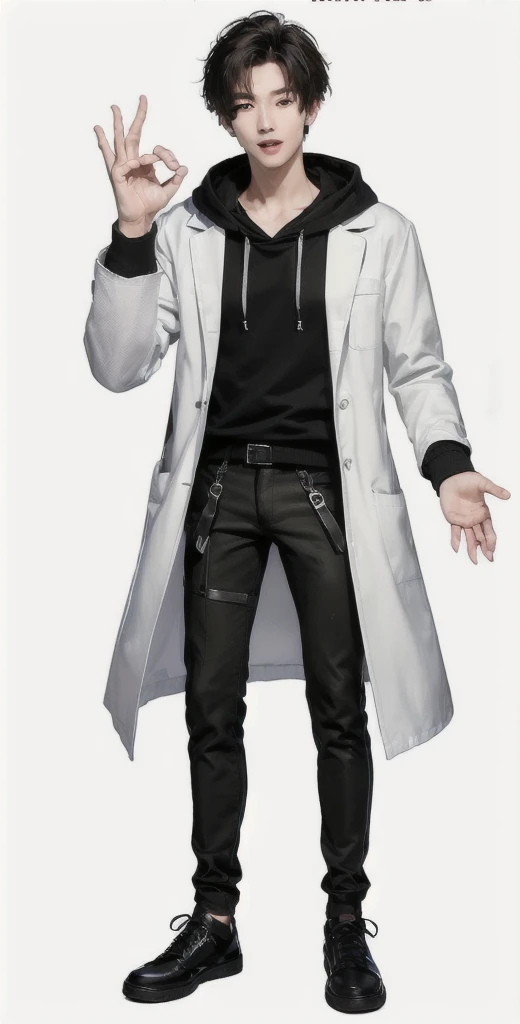(OK Sign.:1.7),(photorealistic:1.2), (high detail face:1.3), (high detail hands:1.3), (anatomically correct hands:1.2), handsome young asian man, Japanese idol style, short clean-cut hair, ((center part)), (crisp white lab coat:1.3), ((black hoodie underneath:1.2)), (black pants:1.2), (black shoes:1.2), (enthusiastic expression:1.3), ((explain pose:1.4)), (both arms raised:1.3), (clenched fists:1.3), (energetic stance:1.2), plain white background, mid-shot portrait, full body view, high quality, detailed, 8K, (realistic skin texture:1.2), (sharp focus:1.1), (contrast between white coat and black clothing:1.2)