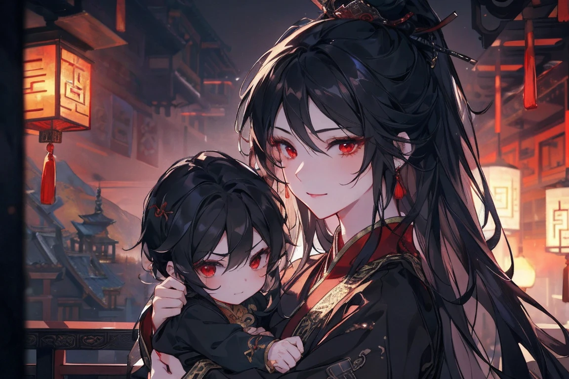 (extremely detailed 8K wallpaper),(ultra-detailed),(best quality),(masterpiece),(highly detailed),(cinematic lighting),(Original),Cold ligh，moody,(Chinese elaborate-style painting ),ink style, black hair, red eyes, sweet smile, sad face, holding her little baby