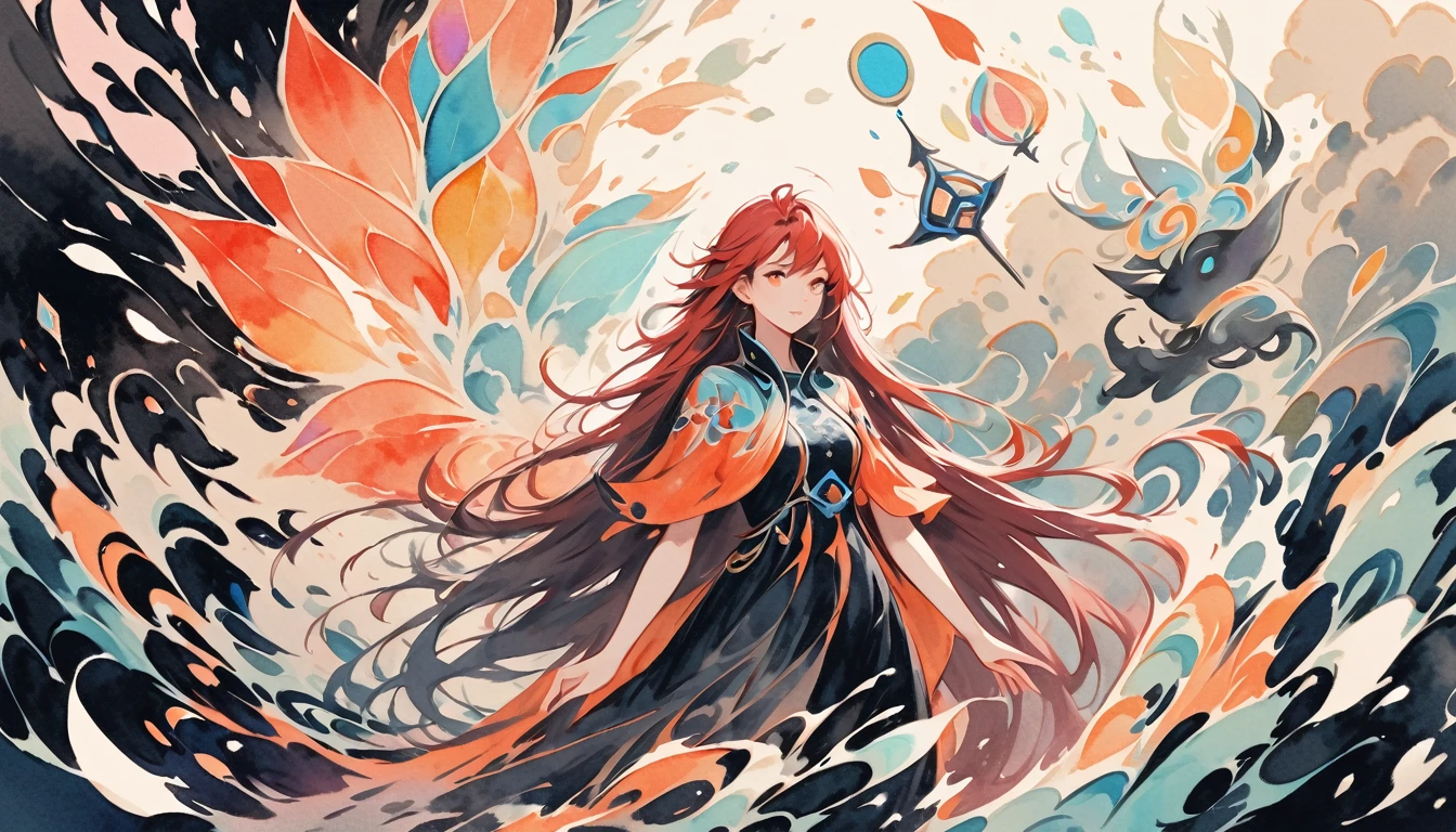 The Game of Tides,Luxray, separated hair color, wind, flying petals, stained glass, decorative, complex parts, Dufkova, 2d, linear, watercolor, ink watercolor, random hair color, super long hair, wavy, 1 girl,Mandrake,flower, Mandrake,