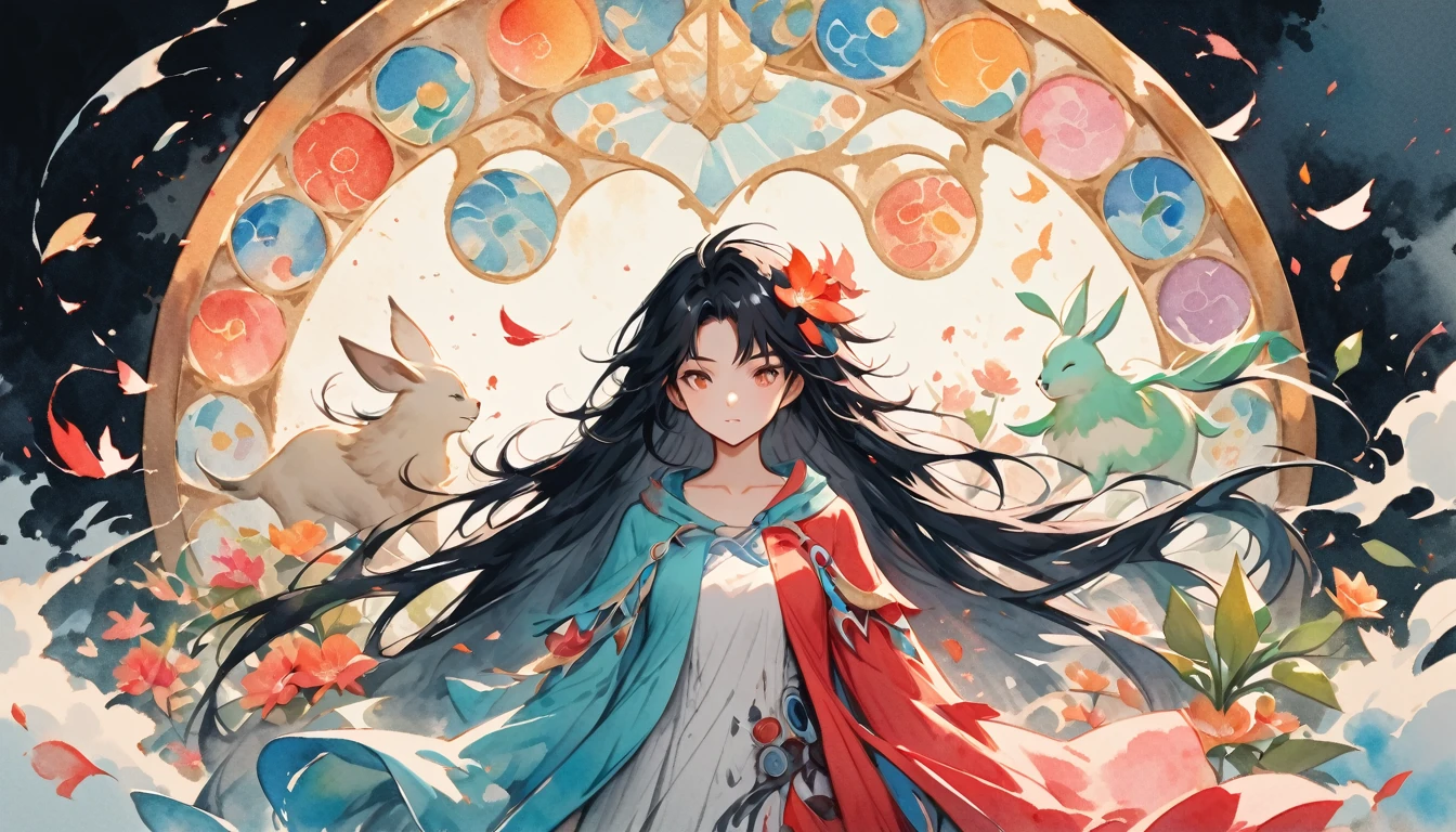 The Game of Tides,Luxray, separated hair color, wind, flying petals, stained glass, decorative, complex parts, Dufkova, 2d, linear, watercolor, ink watercolor, random hair color, super long hair, wavy, 1 girl,Mandrake,flower, Mandrake,