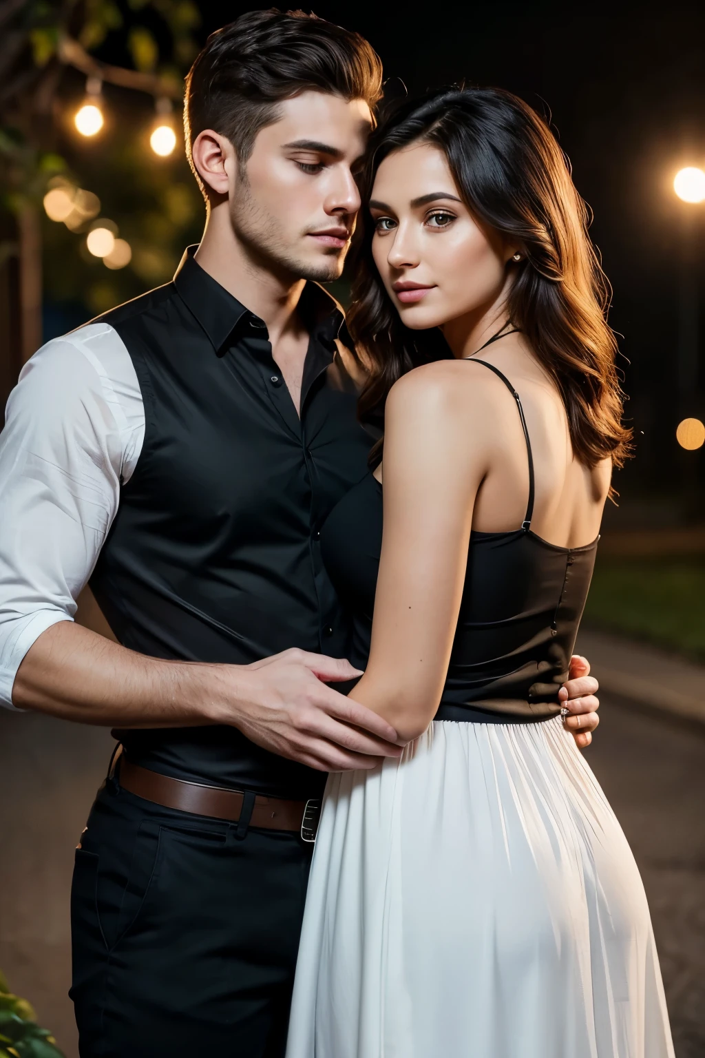 A handsome 27 year old boy and 24 year old girl were in love. The boy is wearing a black shirt and black pants. His shirt is folded close to his elbow and he has a lovely look. The girl is very beautiful and she is wearing a white sleeveless dress. Her appearance is soft. They hugged each the on a red Rose where at night