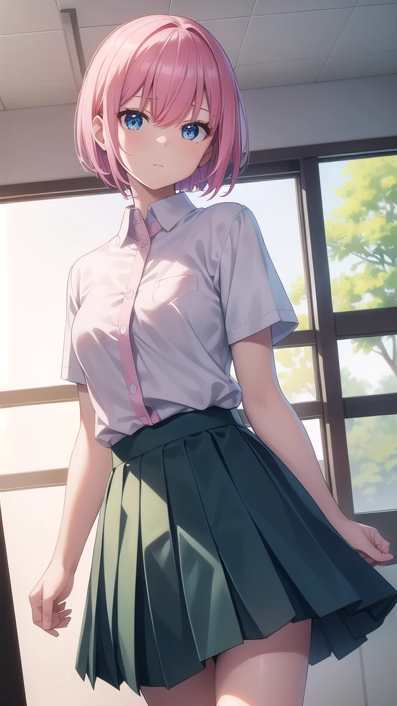 ichikanakano, Nakano Ichika, short hair, bangs, blue eyes, Hair between the eyes, Pink Hair,whole body,Low - Angle,front,looking at the camera, break skirt, shirt, , white shirt, Short sleeve, Pleated skirt, shoes, shoes下, collared shirt, Black footwear, sweater, white shoes下, Green Skirt, loafers, Waist clothes, break looking at viewer, whole body, Upper Body, break indoors, classroom, break (masterpiece:1.2), Highest quality, High resolution, unity 8k wallpaper, (figure:0.8), (Beautiful attention to detail:1.6), Highly detailed face, Perfect lighting, Highly detailed CG, (Perfect hands, Perfect Anatomy),